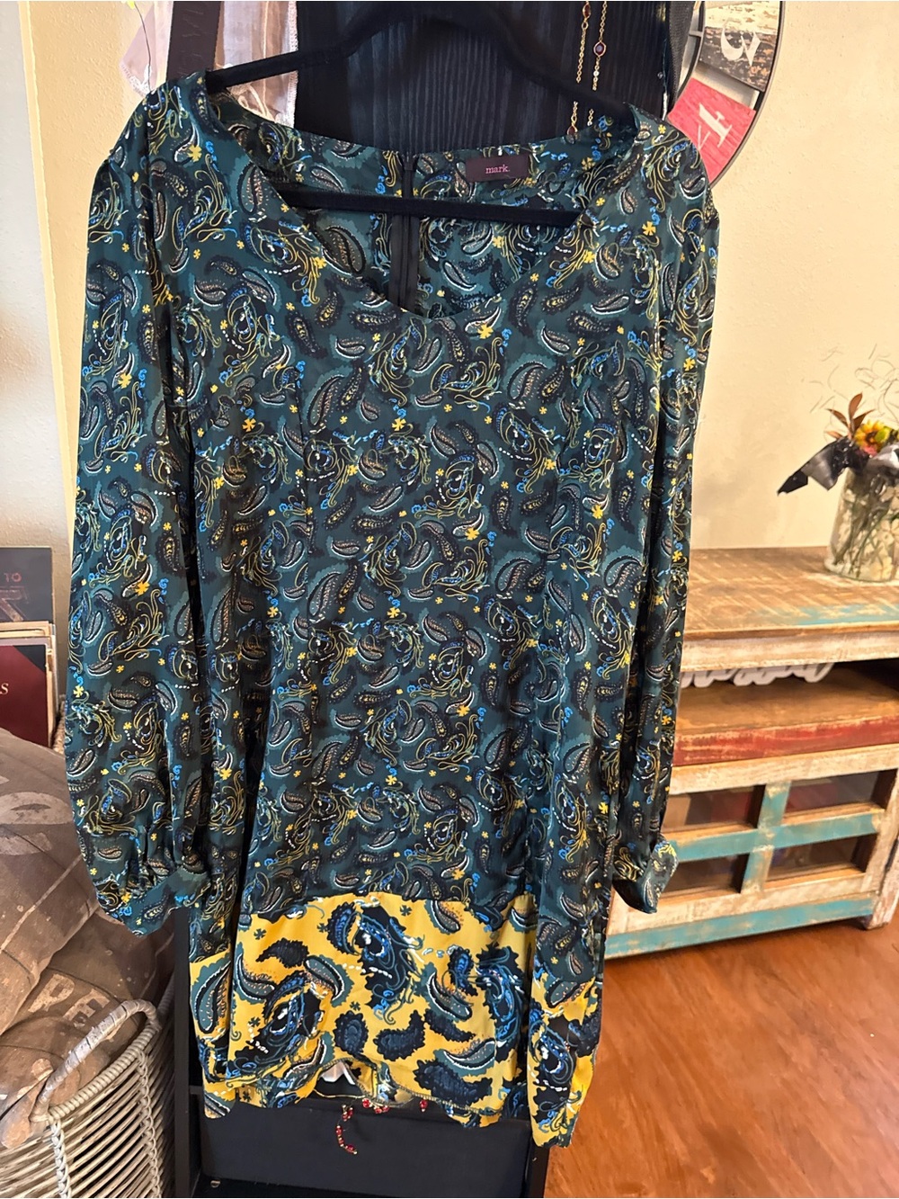 mark. Teal Paisley Long Sleeve Shift Dress with Yellow Hem